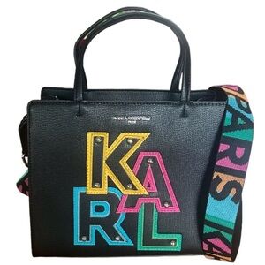 KARL LAGERFELD PARIS Maybelle Multi Black Crossbody Bag Satchel w/ Rainbow Logo